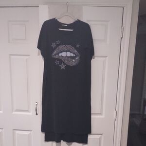 Black Dress With Leopard Mouth And Stars Cotton Tee Shirt Dress Slits On Side